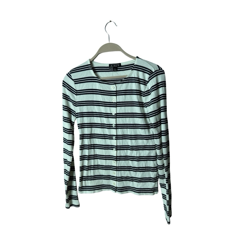 J.Crew Fine Rib Knit Cardigan Womens M White Blue Stripe Button Front Slim Fit‎